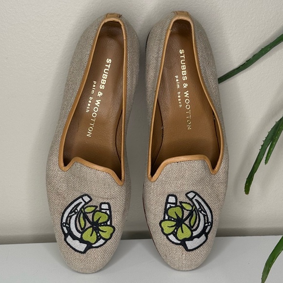 Stubbs & Wootton Lucky Clover Loafers Embroidered Linen Smoking Slippers 7.5 - Picture 7 of 13